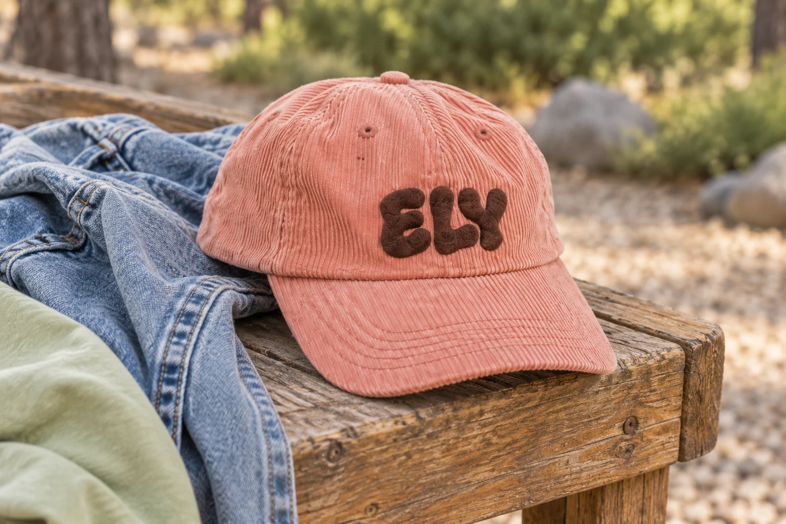 Peach corduroy cap with chocolate ELY embroidery