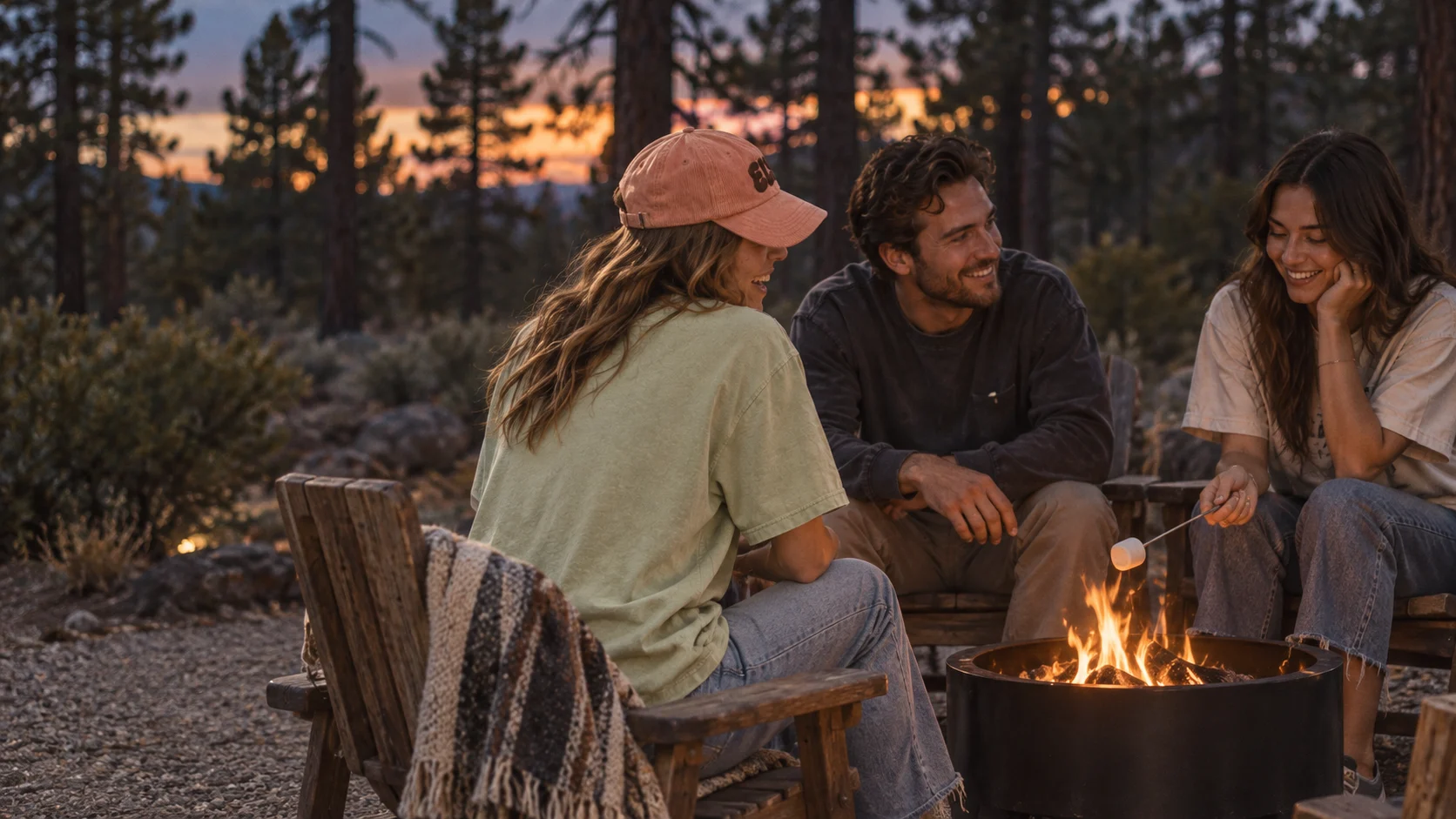 Friends sharing an evening around a glowing campfire