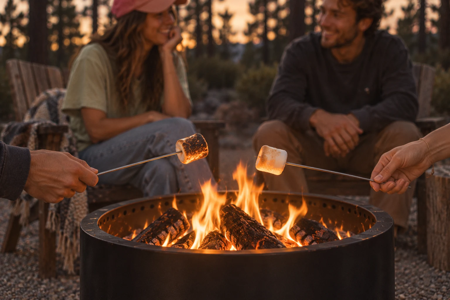 Two marshmallows toasting above a warm campfire